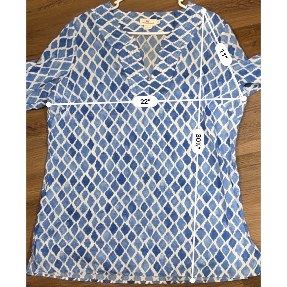 Vineyard Vines Womens XL Blue White Geometric Cotton V-Neck Tunic Top Coverup - Picture 5 of 5